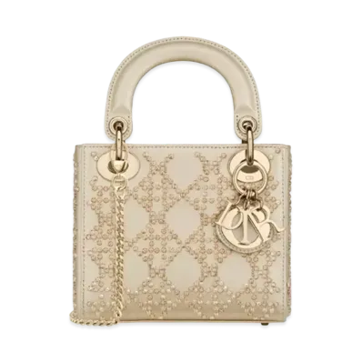 Dior Mini Lady Bag Platinum Metallic Cannage Lambskin Beaded Embroidery "Pale Gold"