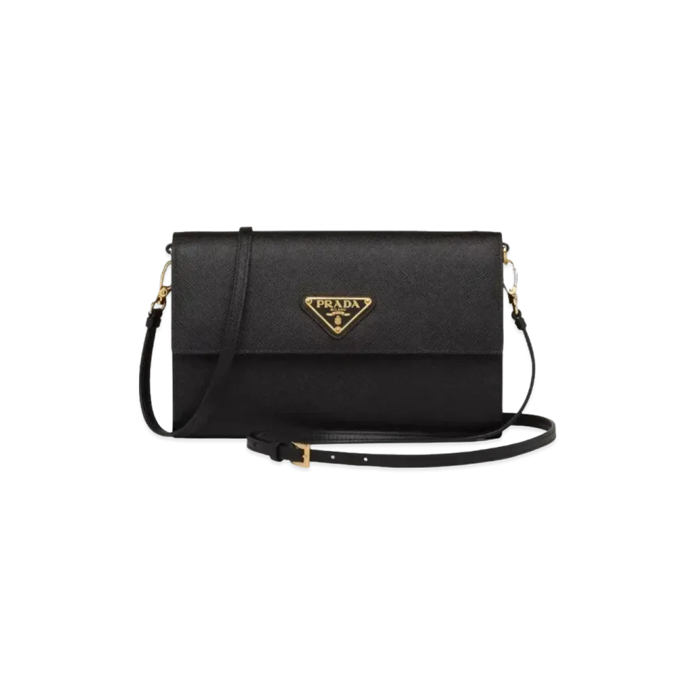 PRADA Saffiano Leather Wallet with Shoulder Strap "Black"