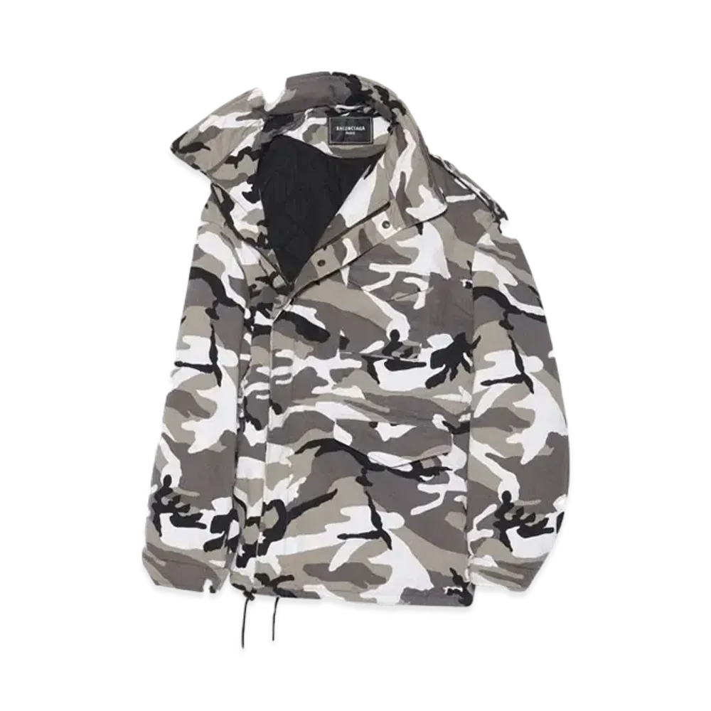 Balenciaga Off Shoulder Military Parka Gabardine Grey Camo "Grey Silver"