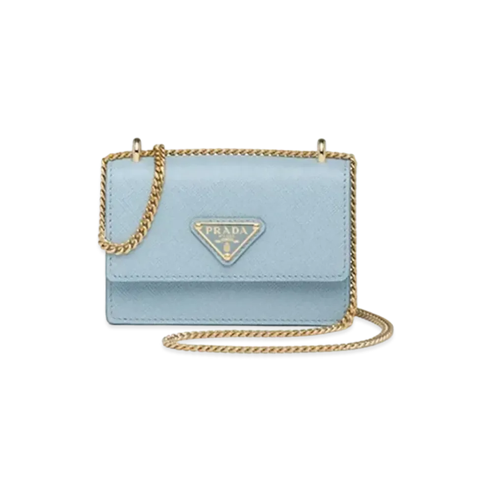 PRADA Saffiano Leather Card Holder With Shoulder Strap "Sky Blue"
