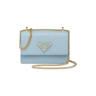 PRADA Saffiano Leather Card Holder With Shoulder Strap "Sky Blue"