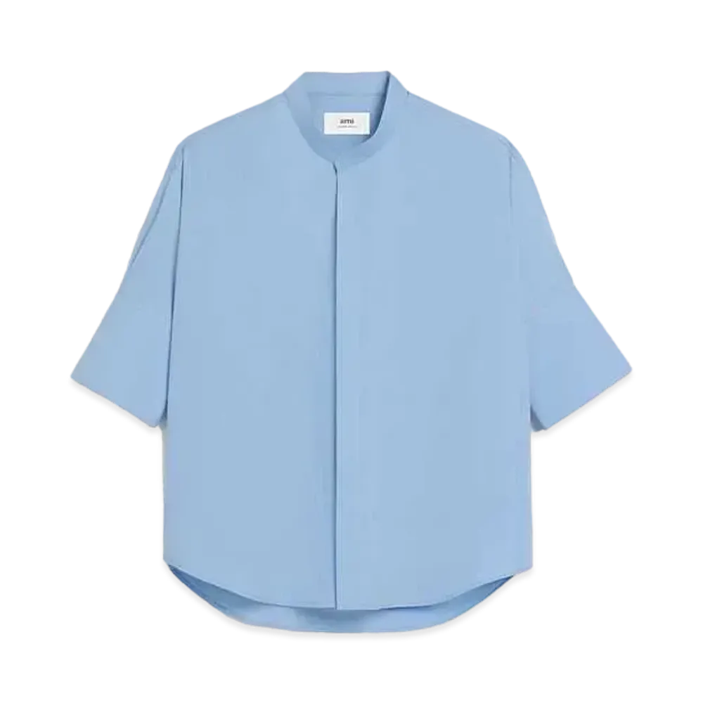 AMI PARIS Cotton Poplin Cropped Sleeve Mao Collar Over Size Shirt "Cashmere Blue "