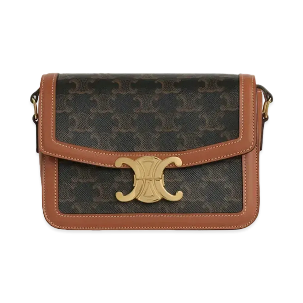 CELINE Teen Triomphe Bag in Triomphe Canvas and Calfskin "Tan"