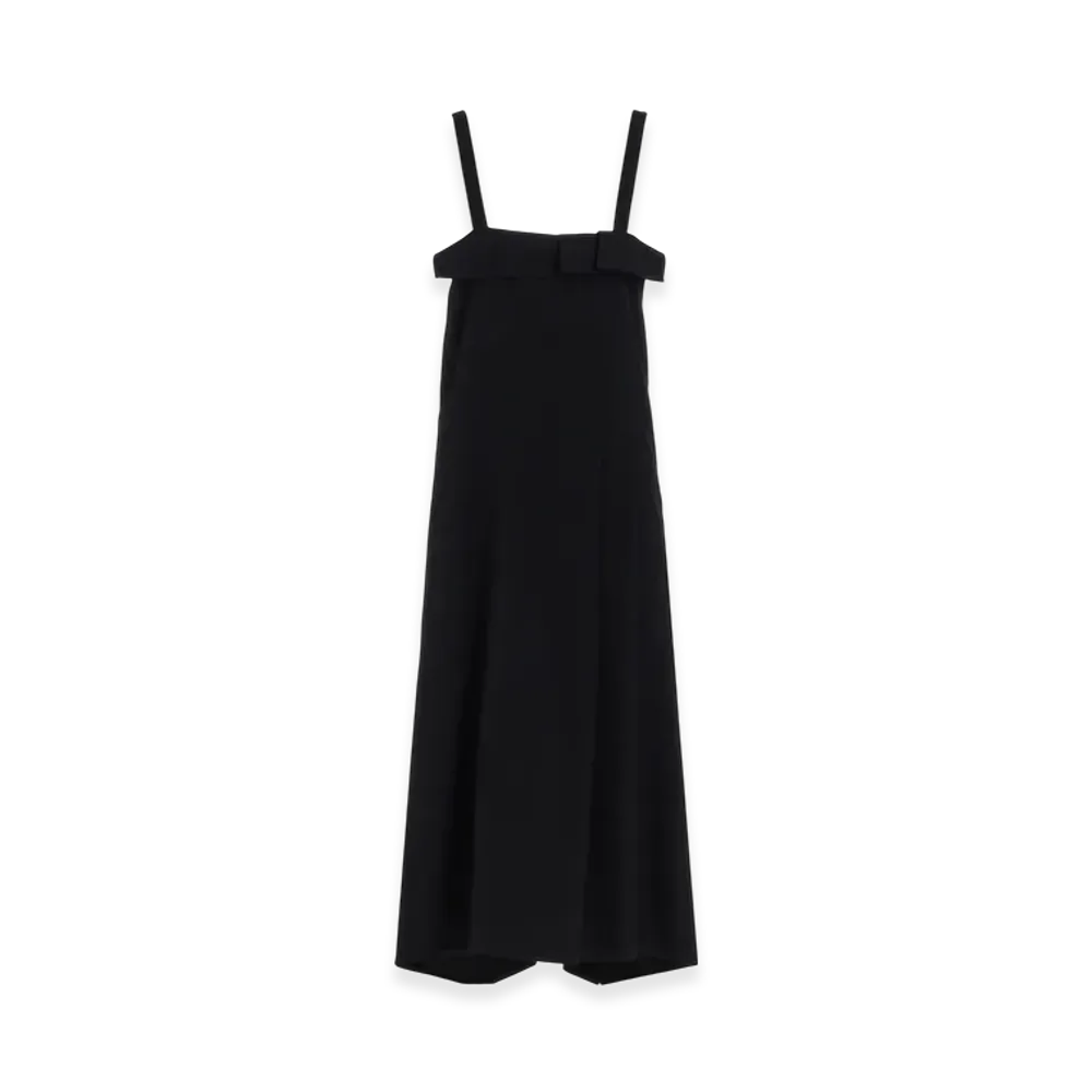 S'YTE Washer Wool Gabardine Pleated Shoulder Strap Dress "Black"