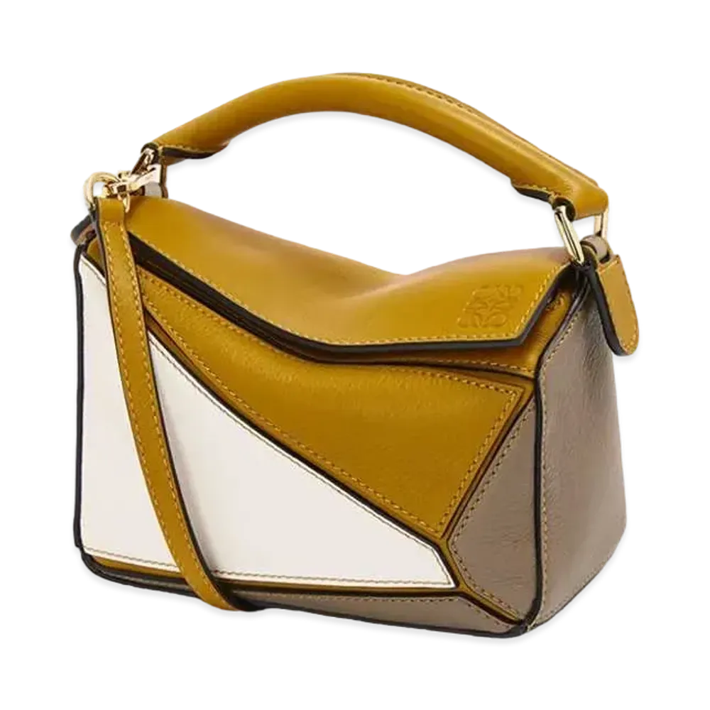 LOEWE Mini Puzzle Bag In Classic Calfskin "Ochre/Soft White"