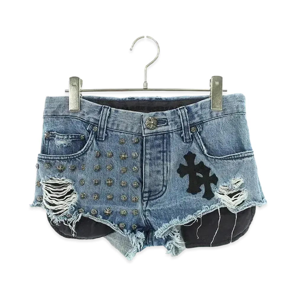 Chrome Hearts FU Wash Loaded Crossball Studs Cross Patch Short Denim Pants "Indigo/Black"
