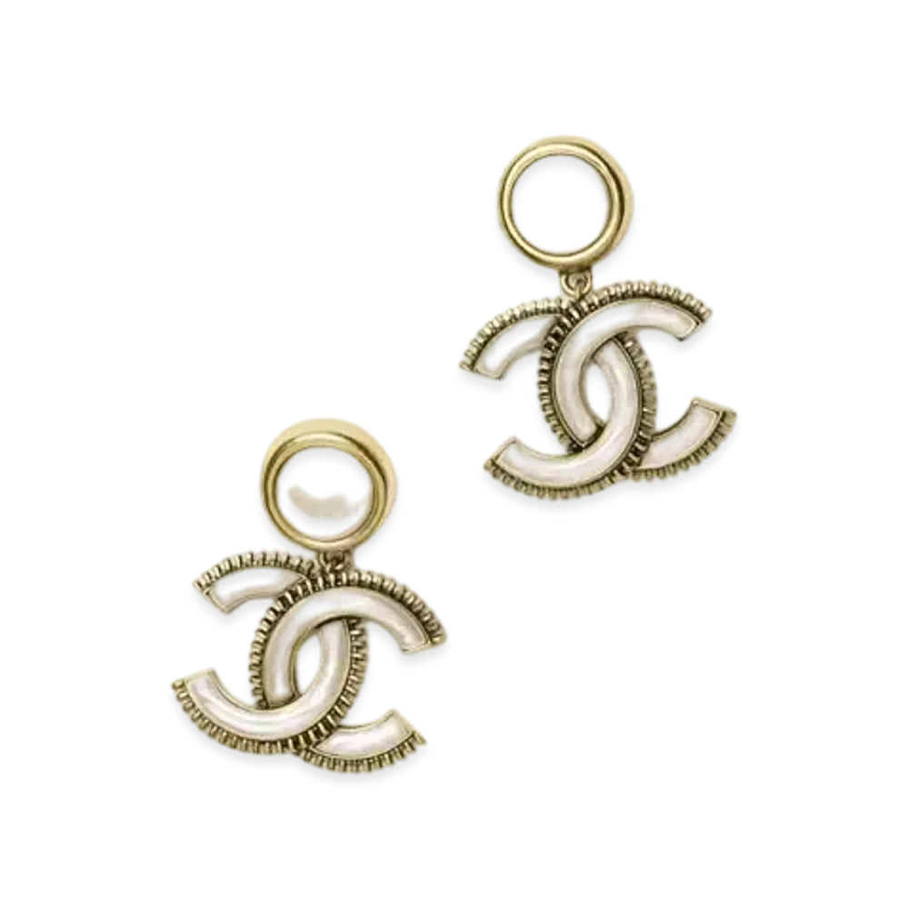 CHANEL Pendant Earrings Metal & Resin "Gold/White"