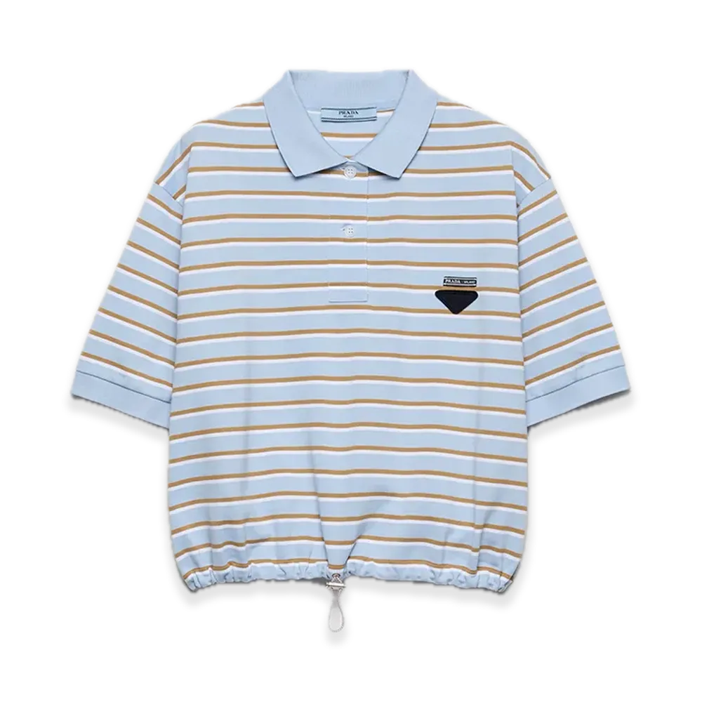 PRADA Cropped Stripe Pique Polo Shirt "Light blue/Camel beige"