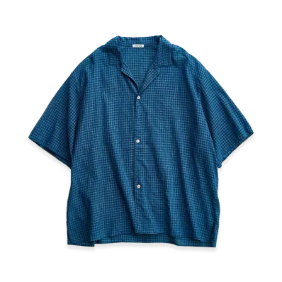 NICENESS I.Joshua Open Collar Shirt - Indigo Check "Indigo"