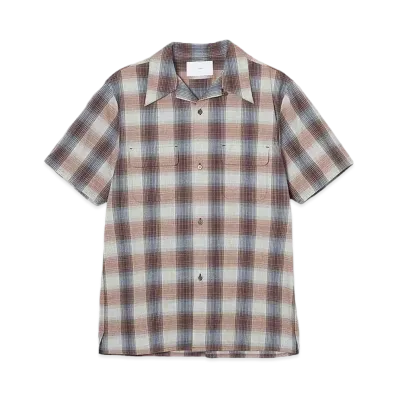 SUGARHILL YAK OMBLE PLAID OPEN COLLER BLOUSE HALF SLEEVE "RED OMBRE"