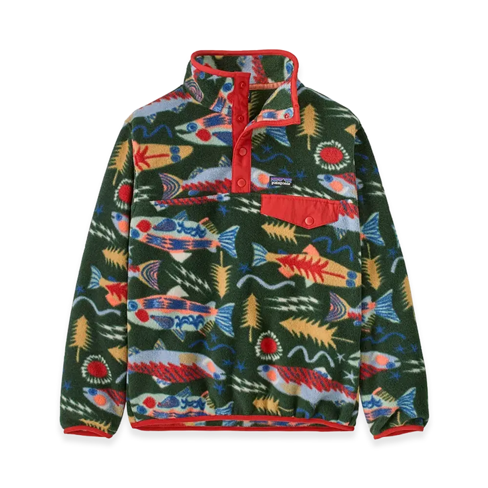 Patagonia Kids Lightweight Synchilla Snap-T Pullover "Salmon Energy/Old Growth Green"