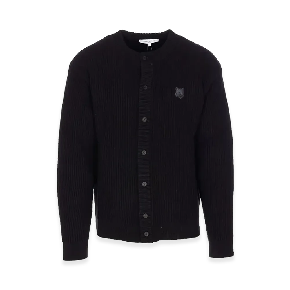 Maison Kitsune Fox Head Wool Ribbed Cardigan "Black"
