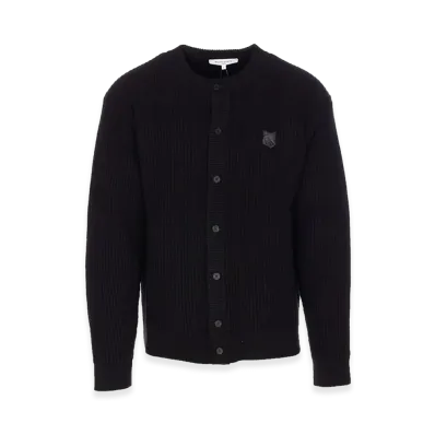 Maison Kitsune Fox Head Wool Ribbed Cardigan "Black"