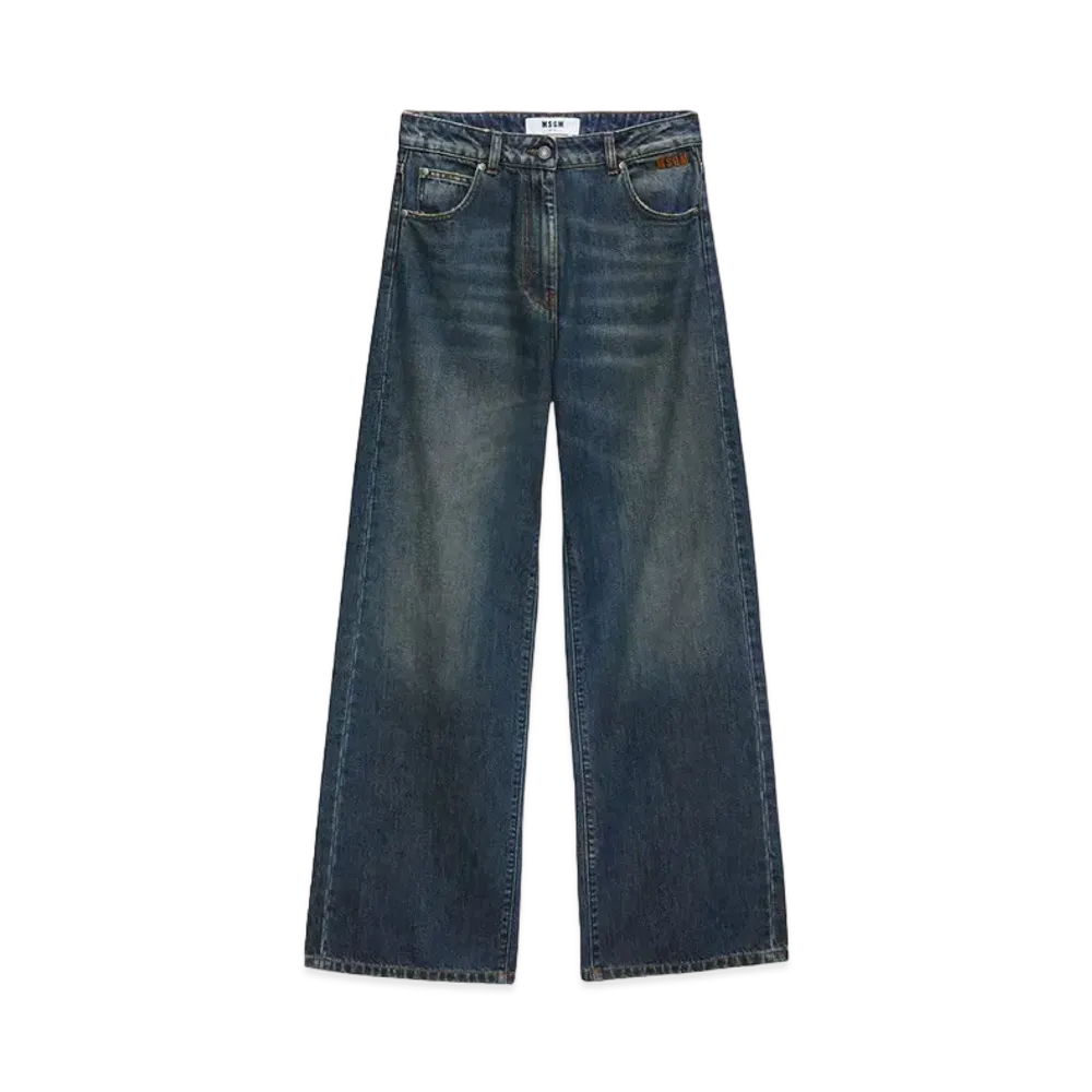 MSGM Wide-Leg Pre-Washed Effect Dark Blue Denim Pants "Indigo"