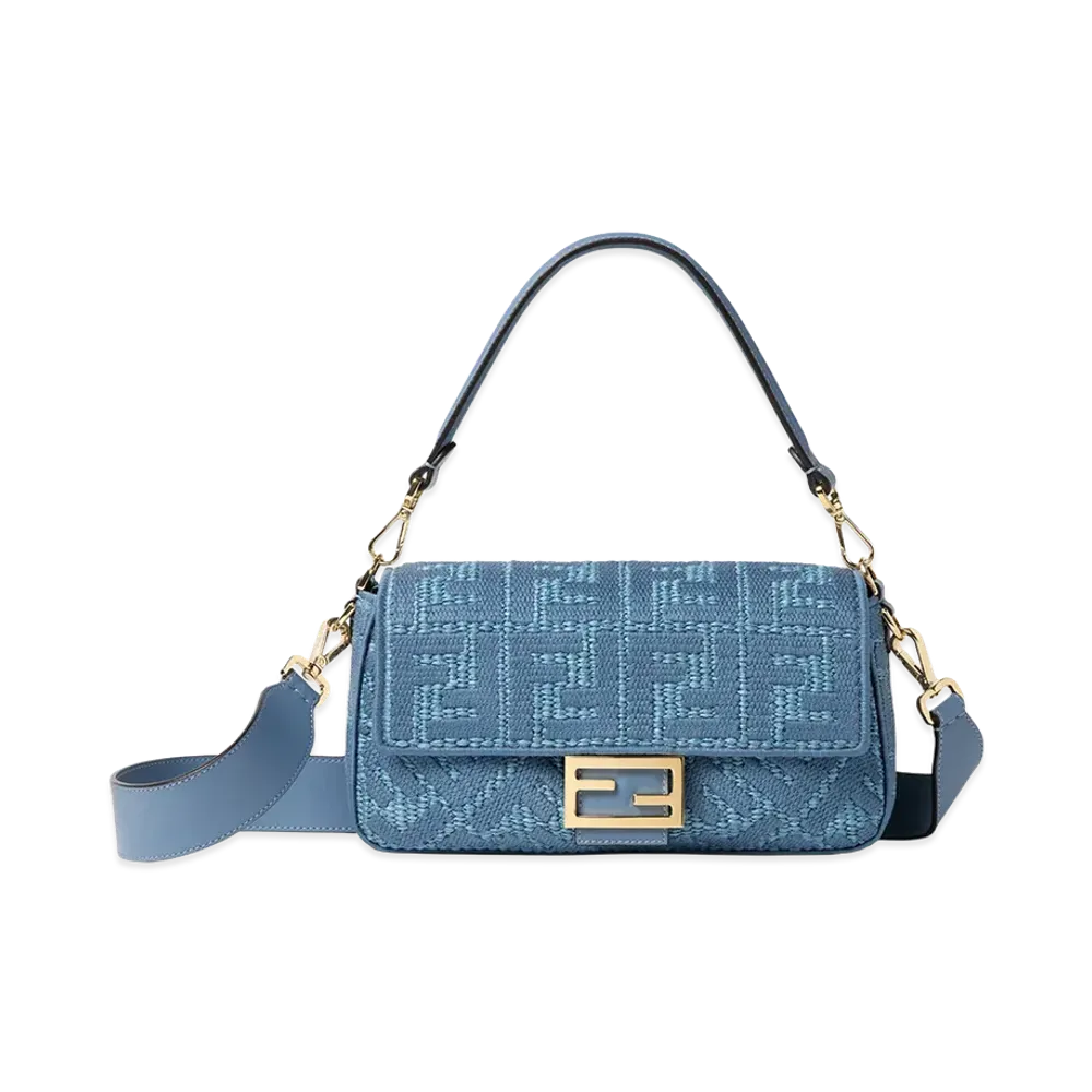 FENDI Women's Baguette Bag in Woven Raffia With FF Embroidery "Blue"