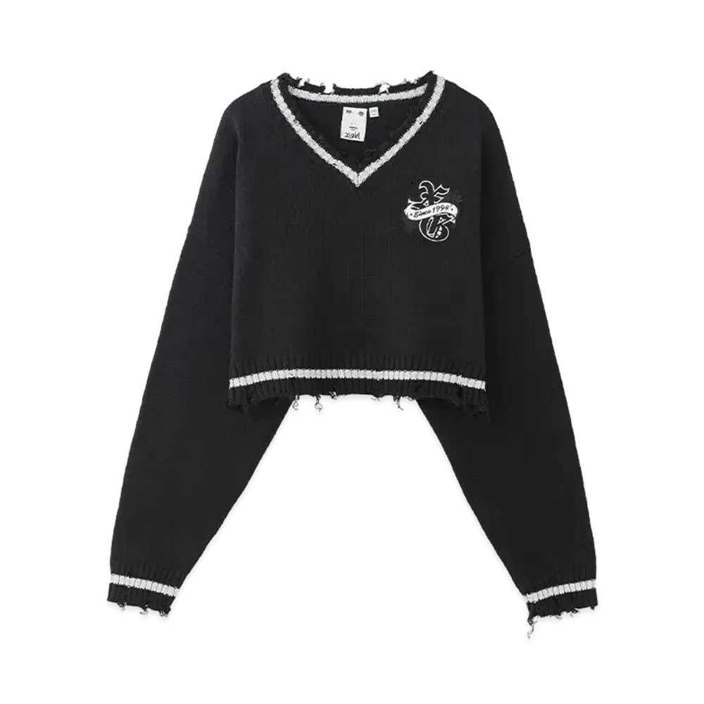 X-Girl Emblem V-Neck Knit Top "Black"