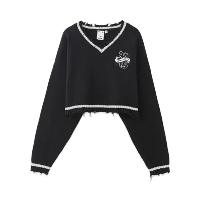 X-Girl Emblem V-Neck Knit Top "Black"