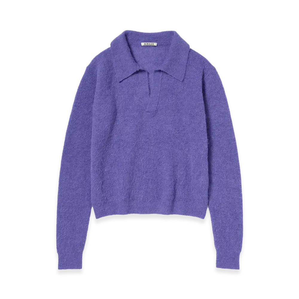 AURALEE Women's Baby Suri Alpaca Sheer Knit Skipper Polo "Purple"