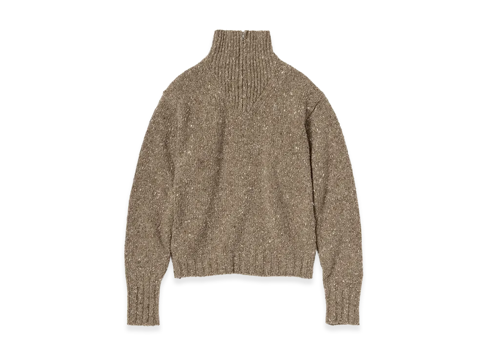 AURALEE Low-Gauge Homespun Tweed Knit Zip Turtle "Top Brown"