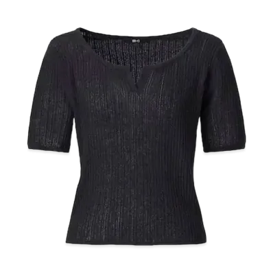 Uniqlo :C Lace Key Neck Short Sweater (Short Sleeve) "Black"