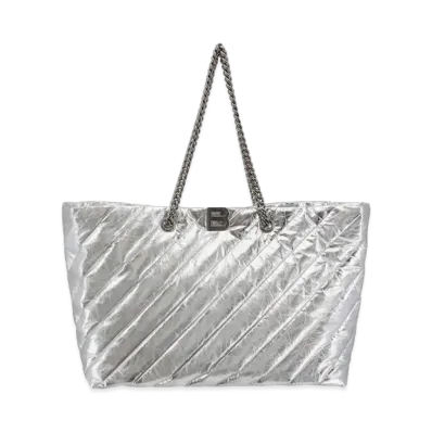 BALENCIAGA Crush Large Carryall Tote Bag Metal Quilted "Silver"
