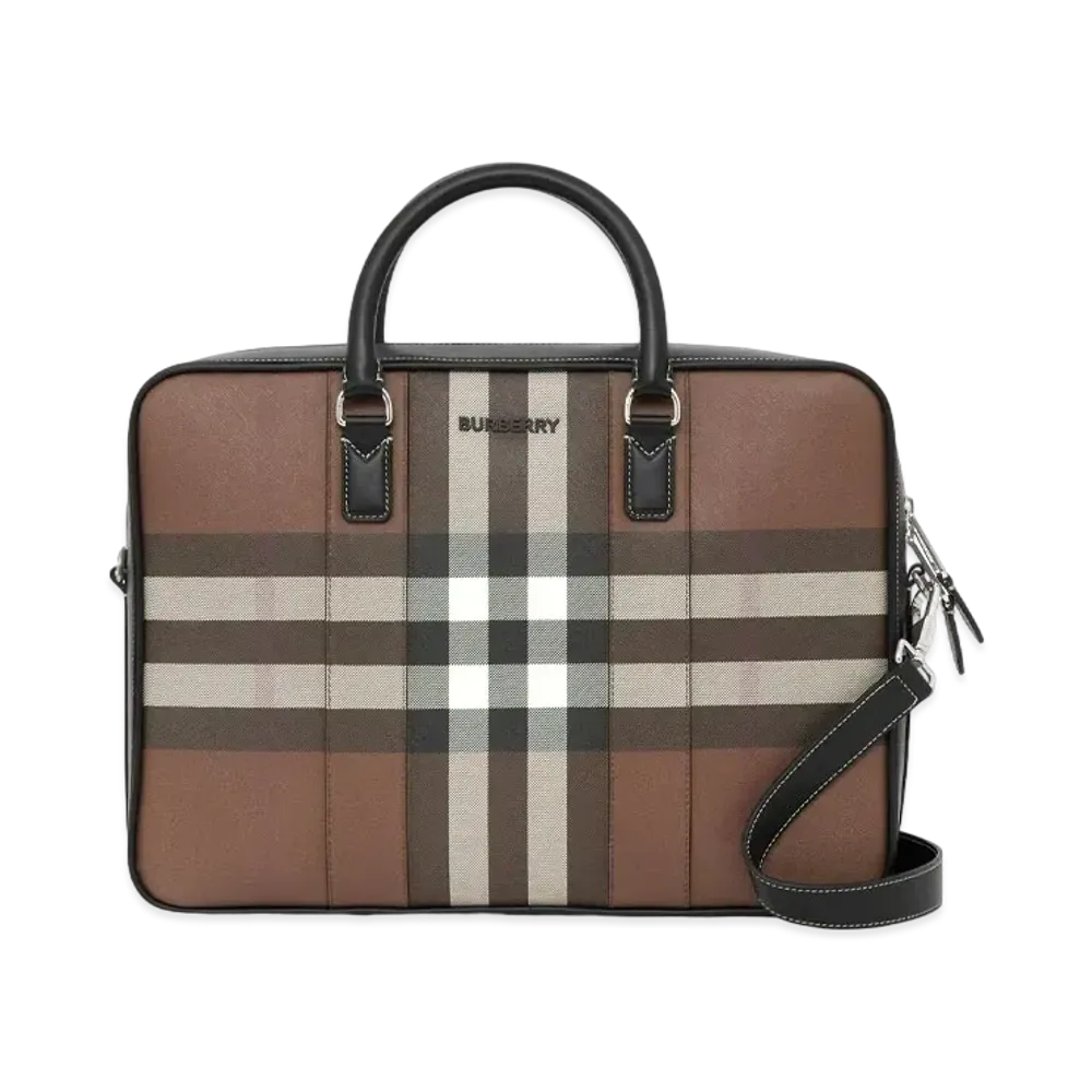 Burberry Check & Leather Briefcase "Dark Barch Brown"