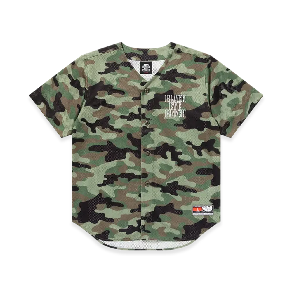 BlackEyePatch Outlined Stencil Logo Baseball Shirt "Green Camo"