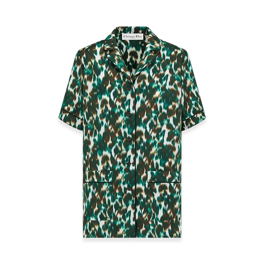 Dior Women's Short-Sleeved Shirt Wildior Silk Twill "Ivory/Green"