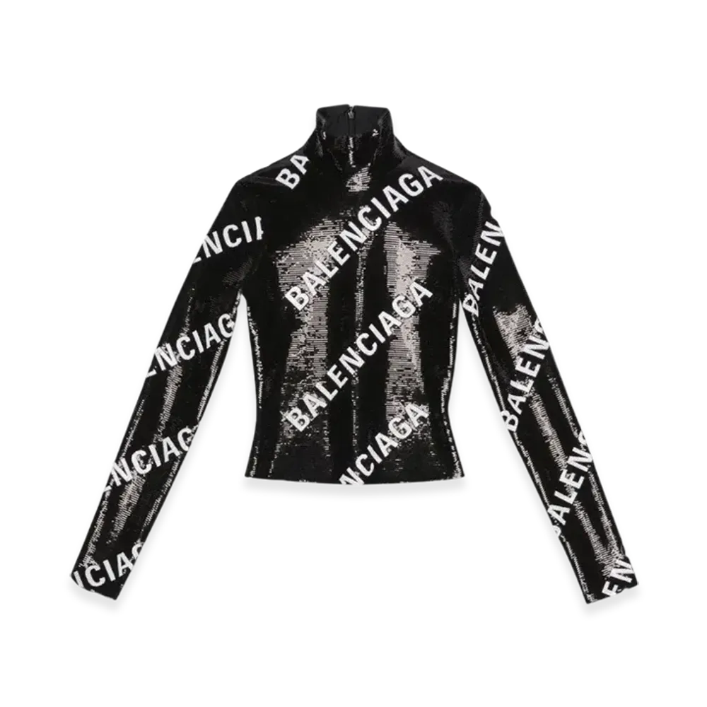 BALENCIAGA Women's Allover Logo Embroidered Long Sleeve Top "Black"