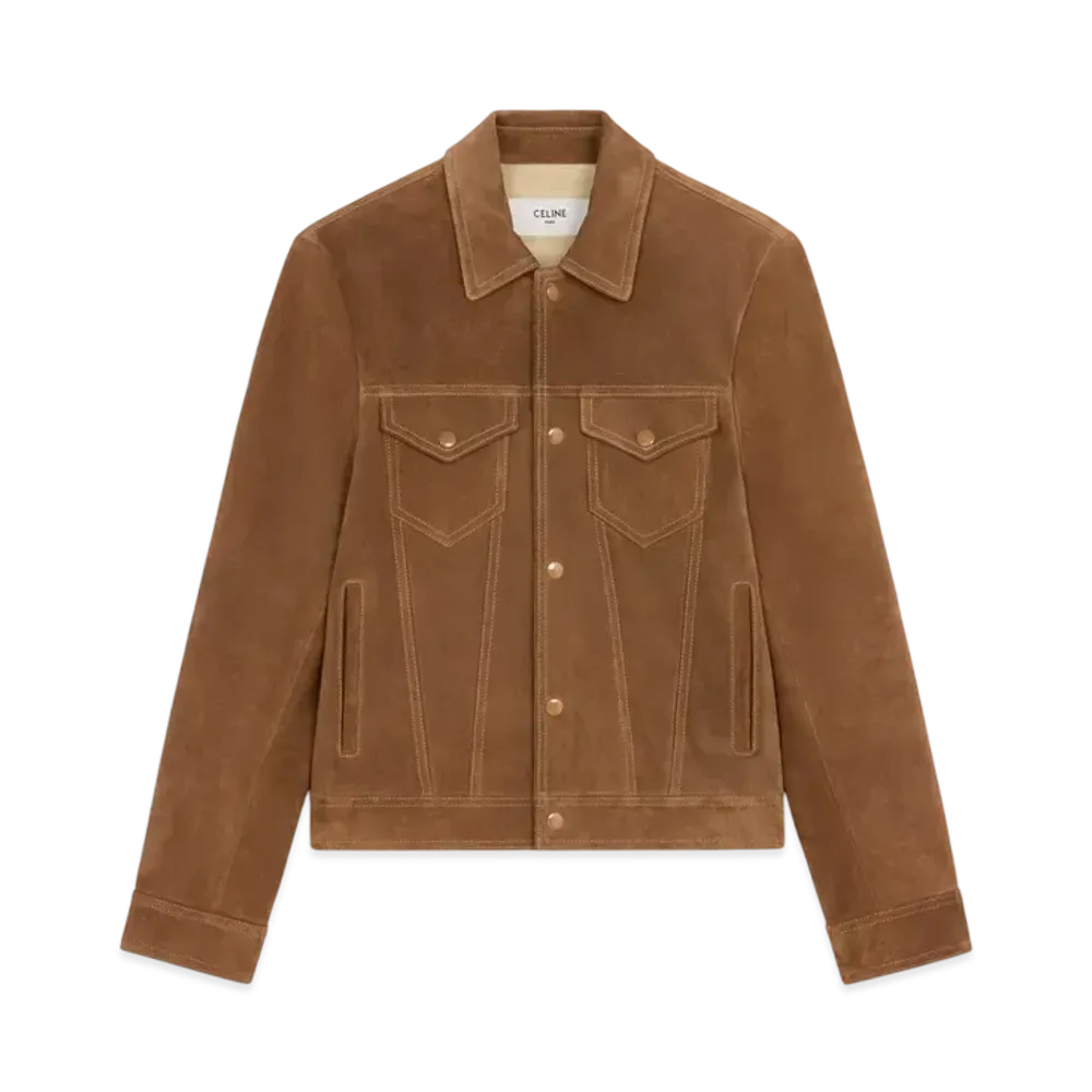 CELINE Men's Trucker Jacket in Split Calfskin "Cigar"