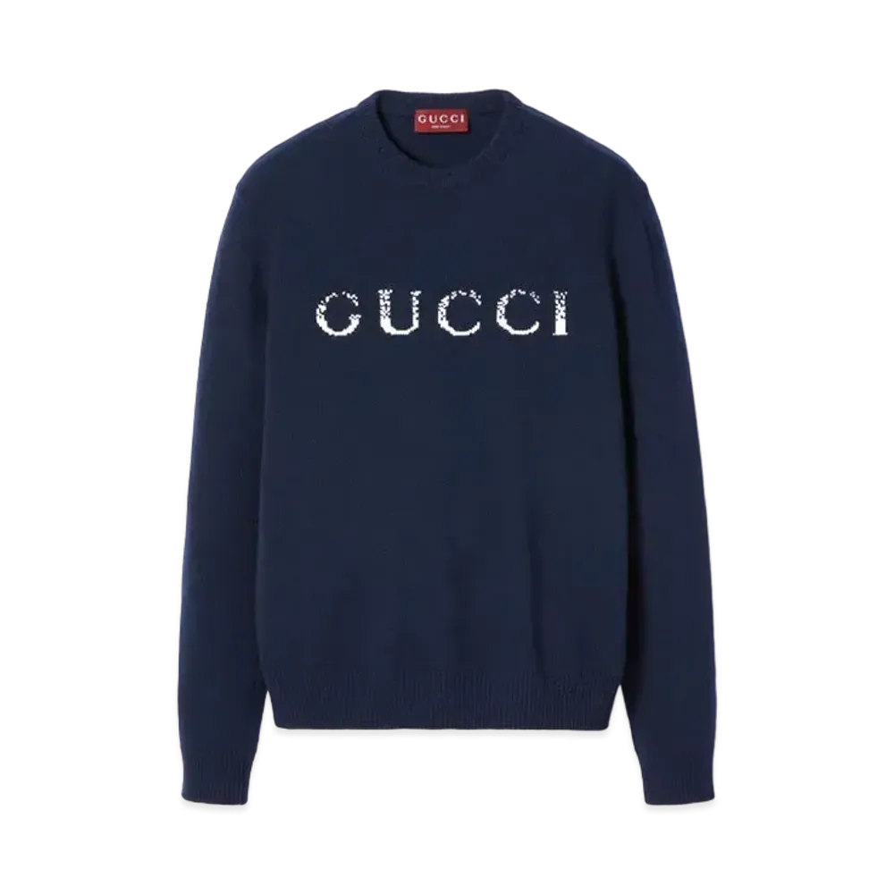 GUCCI Wool Sweater with Gucci Intarsia "Dark Blue"