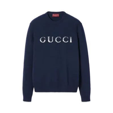 GUCCI Wool Sweater with Gucci Intarsia "Dark Blue"
