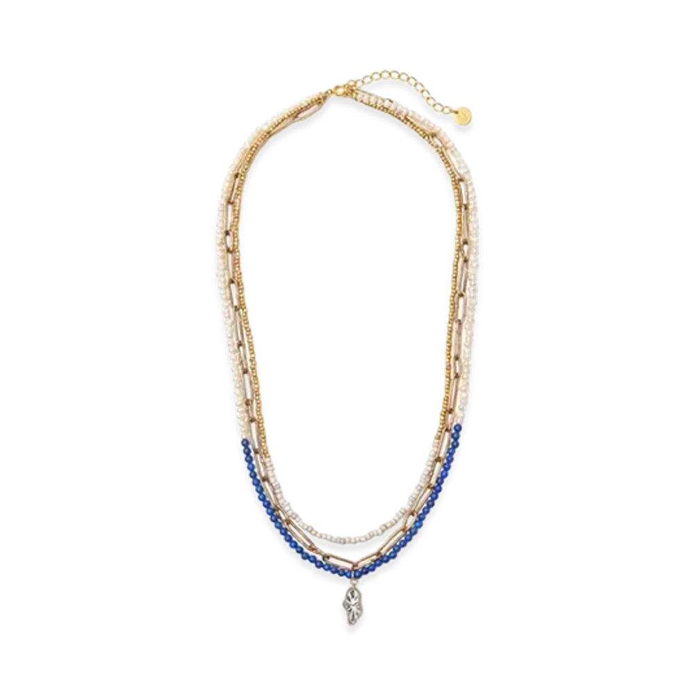 UNDERCOVER Brass Bead Triple Strand Necklace "Blue"
