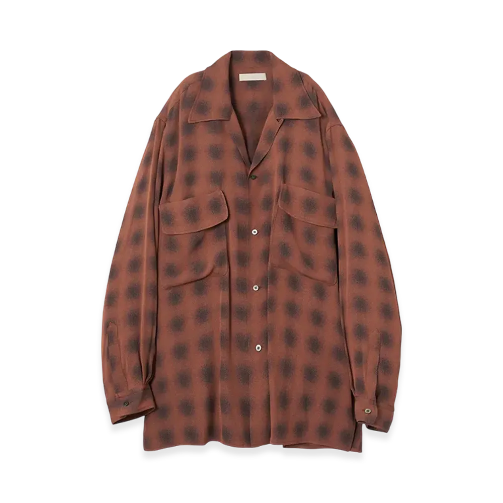 YOKE Rayon Acetate Blurred Ombre Plaid Open Collar Shirt "Red"