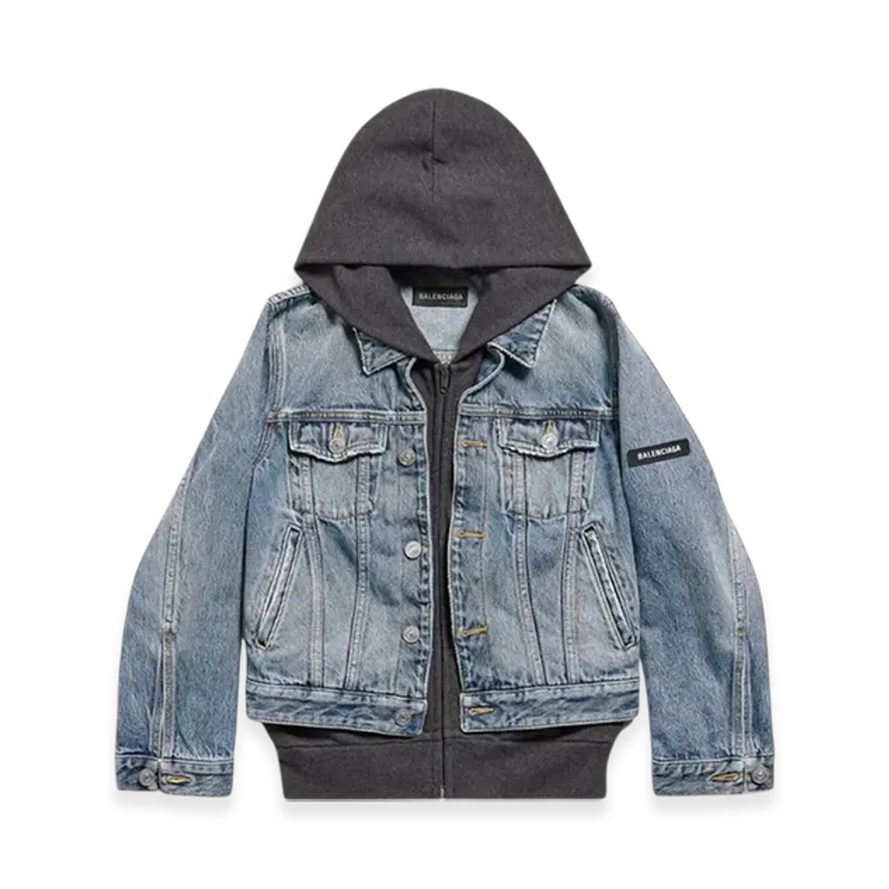 BALENCIAGA Women's Patched Denim Jacket "Blue Grey"