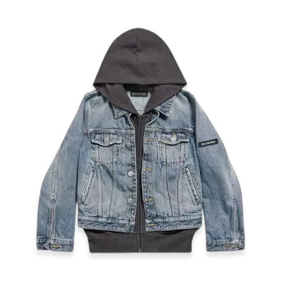 BALENCIAGA Women's Patched Denim Jacket "Blue Grey"