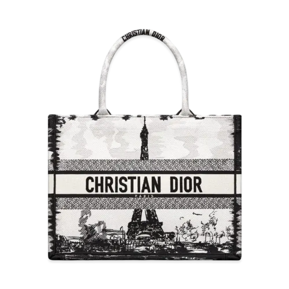 Dior Medium Dior Book Tote Paris Embroidery "White/Black"