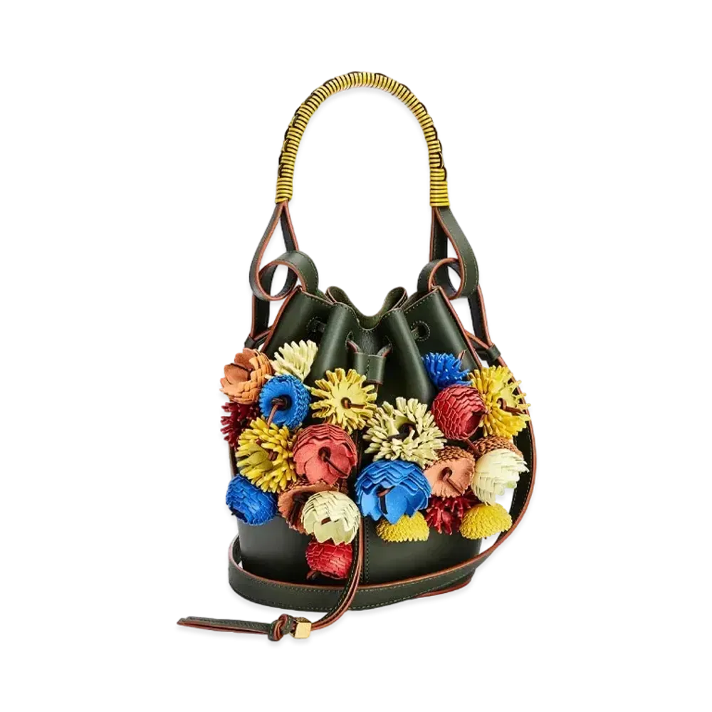 LOEWE Small Flowers Balloon Bag In Classic Calfskin "Green / Multicolor"