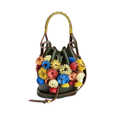 LOEWE Small Flowers Balloon Bag In Classic Calfskin "Green / Multicolor"