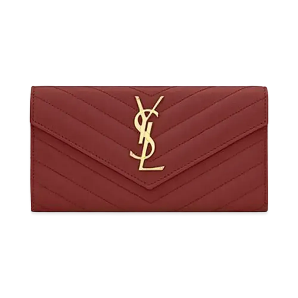 Saint Laurent Monogram Large Flap Wallet In Grain De Poudre Embossed Leather "Rouge Legion"