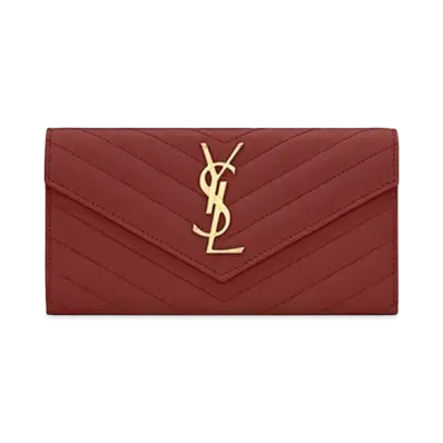 Saint Laurent Monogram Large Flap Wallet In Grain De Poudre Embossed Leather "Rouge Legion"