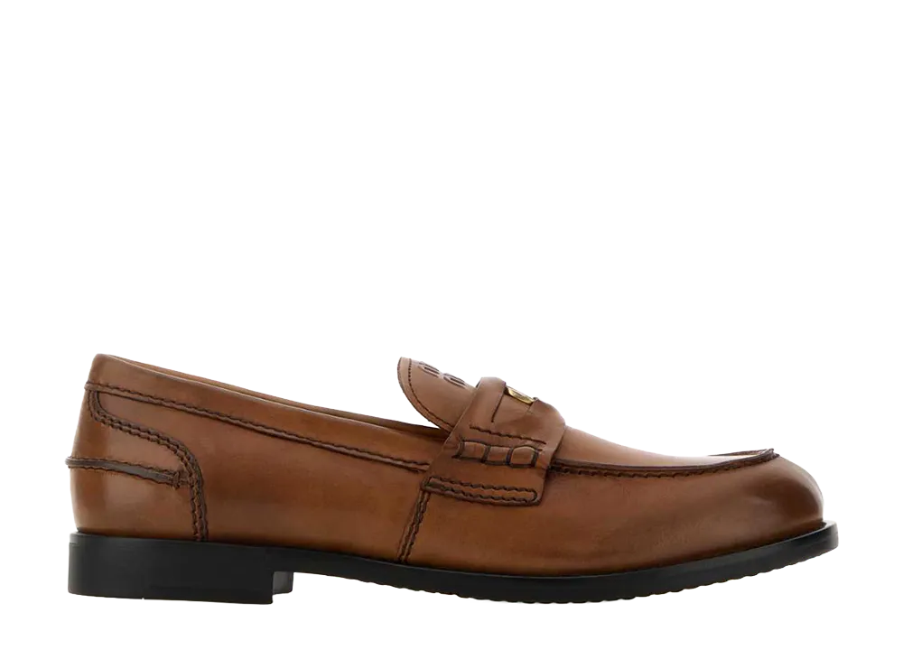 MIU MIU Women's Vintage-Effect Leather Penny Loafers "Brown"