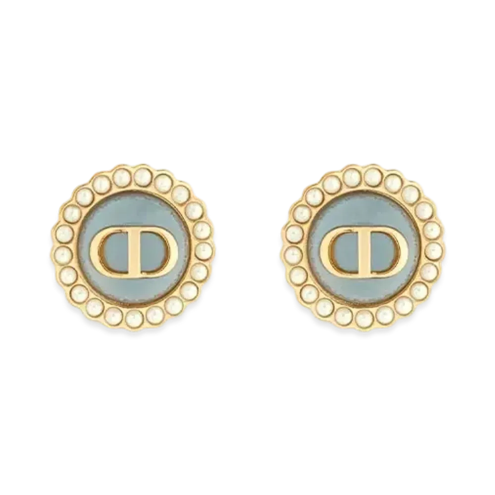 Dior Petit CD Baroque Stud Earrings Metal with Resin Pearls and Glass "Gold/White/Sky Blue"