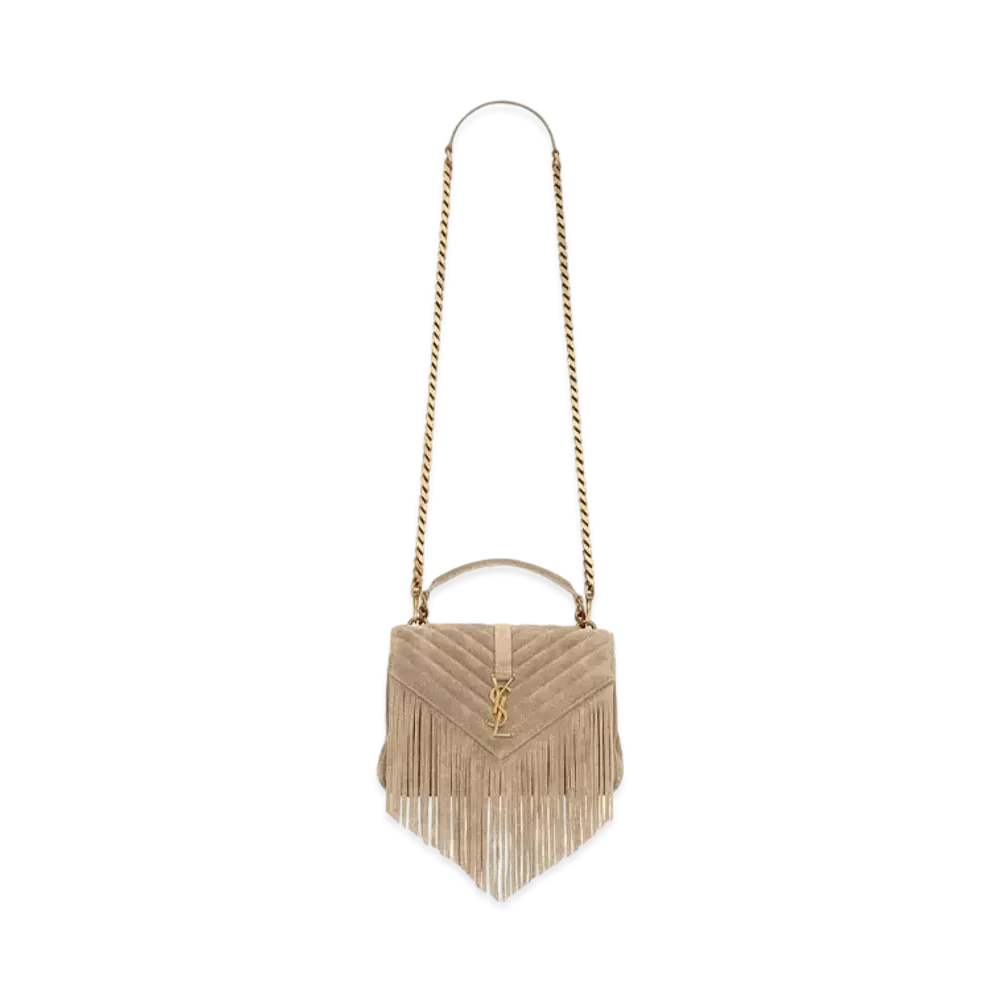 Saint Laurent College Medium Chain Bag In Light Suede With Fringes "Dusty Grey"