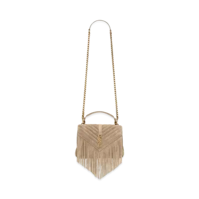 Saint Laurent College Medium Chain Bag In Light Suede With Fringes "Dusty Grey"