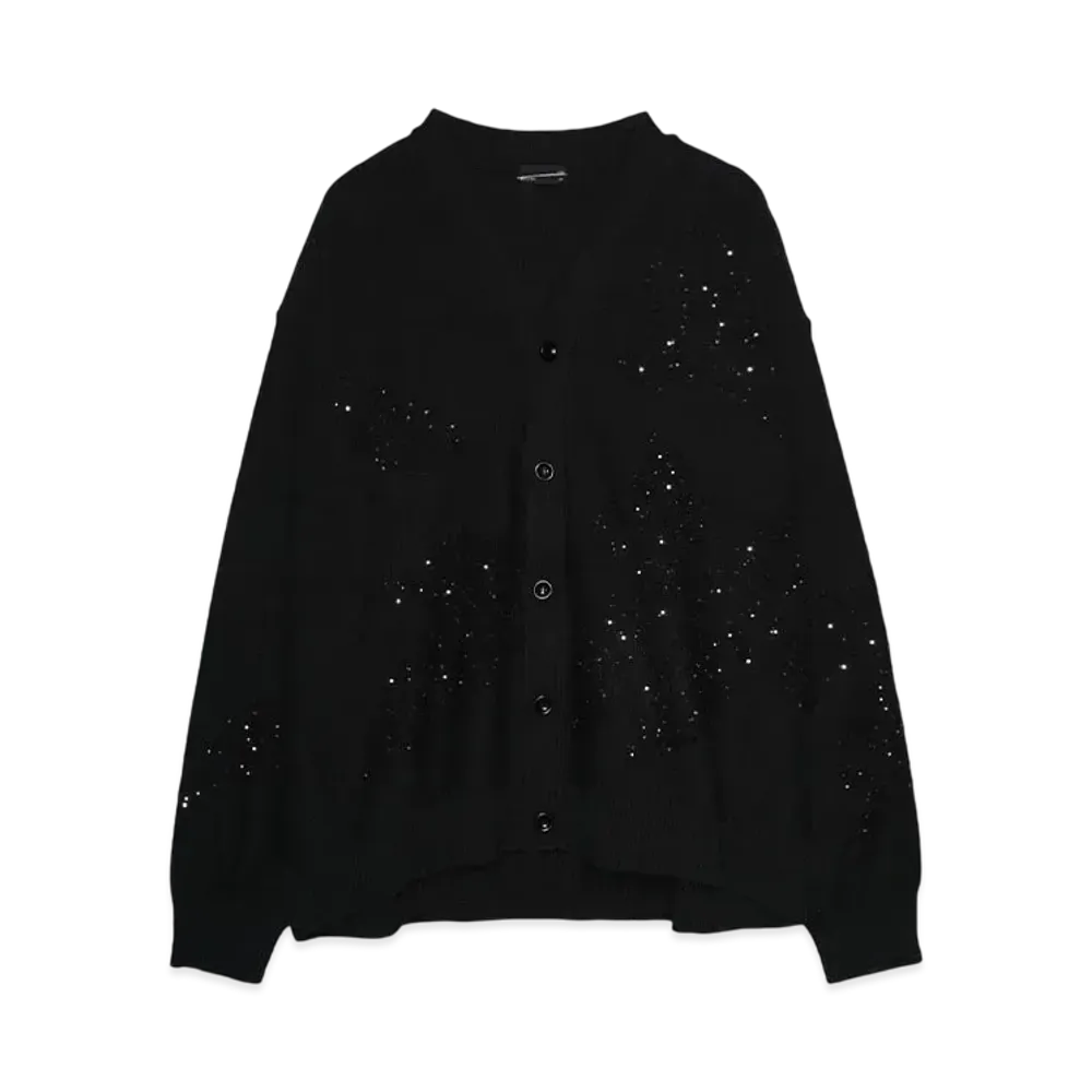 LAD MUSICIAN COTTON LINEN INTARSIA KNIT SEQUIN LEAF CARDIGAN "BLACK"
