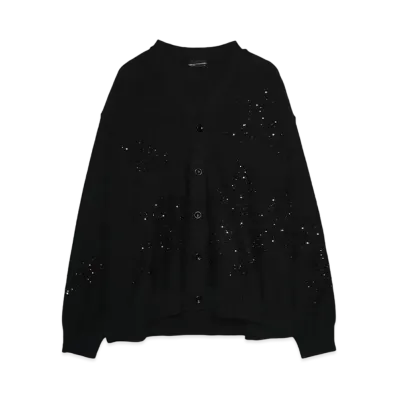 LAD MUSICIAN COTTON LINEN INTARSIA KNIT SEQUIN LEAF CARDIGAN "BLACK"