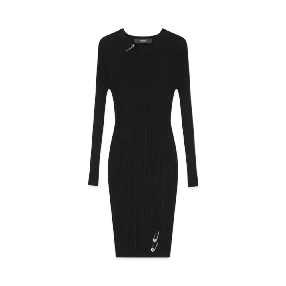 Versace Safety Pin Ribbed-Knit Mini Dress "Black"