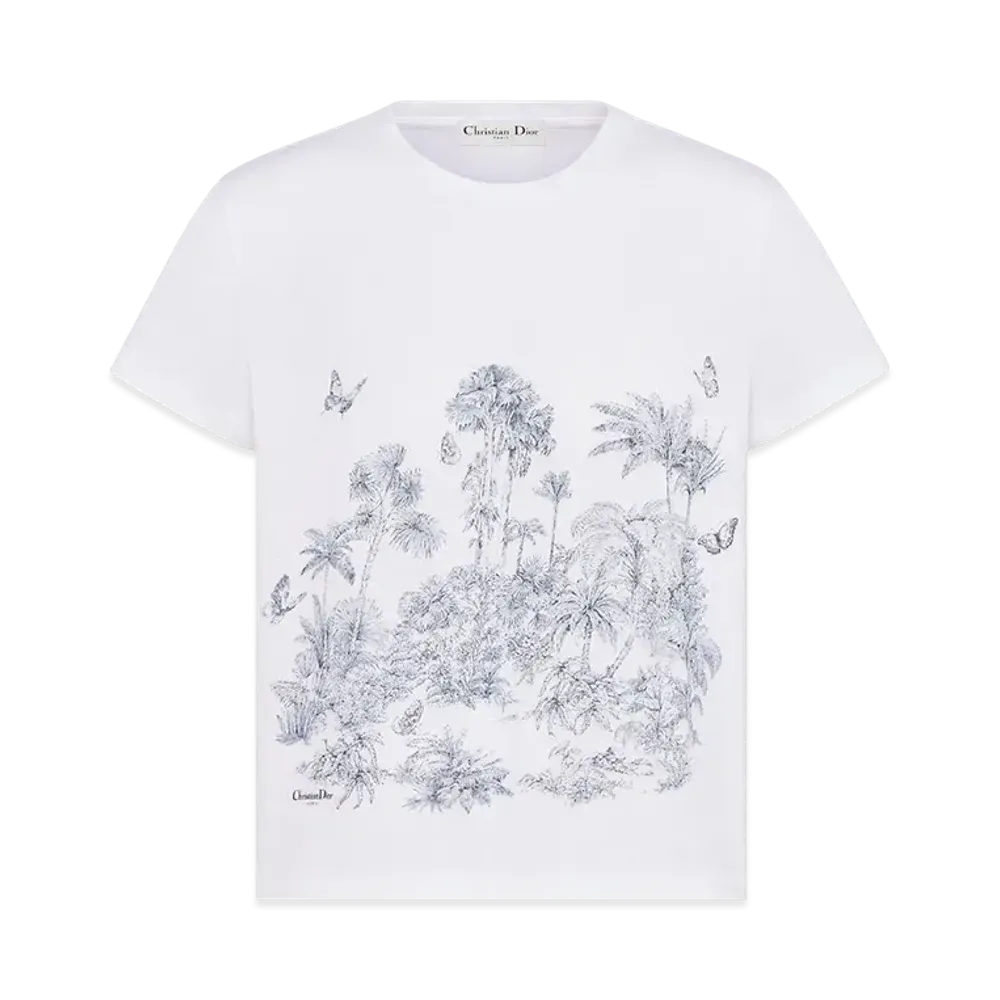 Dior Women's Dioriviera T-Shirt Toile de Jouy Palms Cotton and Linen Jersey "White/Blue"