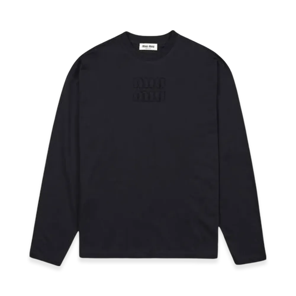 MIU MIU Women's Long Sleeve Cotton T-Shirt with Embroidered Logo "Black"